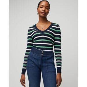 Women’s Striped Knit Sweater V-Neck Long Sleeve Navy Green White – Size Medium